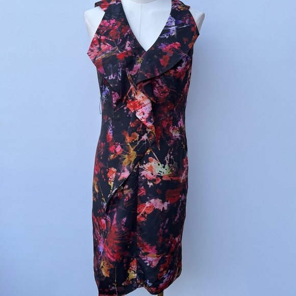 Karen Millen Black & Multicolor Abstract Floral Print Sheath Dress Sz 4 - Picture 10 of 16